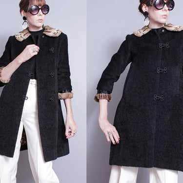 Vintage | 1950's/1960's | Black | Leopard Trim | Faux Fur | 3/4 Length Sleeves | Coat | XS 