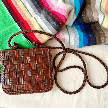 Woven Leather Purse, Cross Body Bag, Braided Leather Strap, Vintage Hippie Boho Hipster 