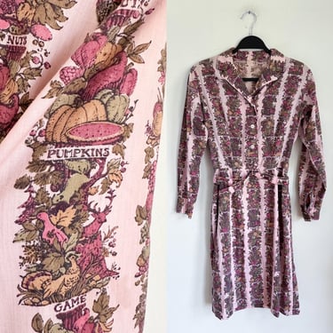 Vintage 1960s Pink Fall Harvest Novelty Print Shirt Dress / XS 