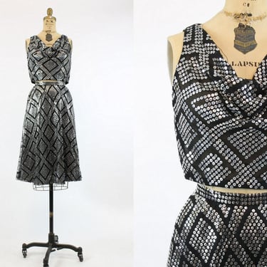 1960s sequin dress pailettes | 1960s studded draped top and skirt set | xs 