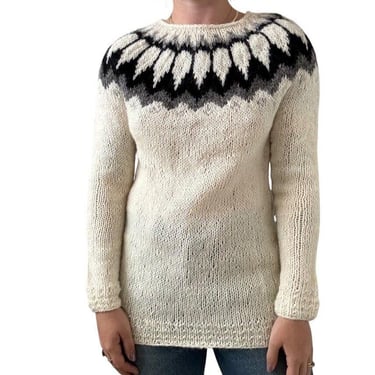 Hand Knit Womens 100% Wool White Black Icelandic Fair Isle Sweater Sz M 