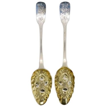 Pair Antique English George IV Morris & Michael Emanuel Gilt Sterling Silver Berry Spoons 
