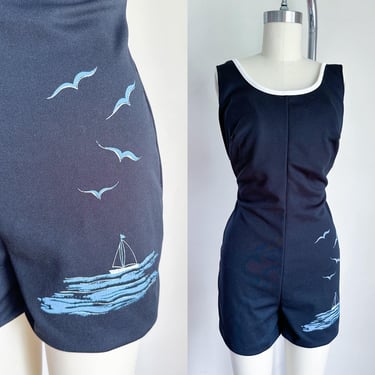 Vintage 1980s Black Sailboat Swimsuit / XL 