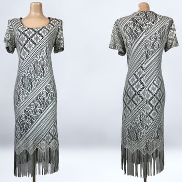VINTAGE 80s does 20s Silver Metallic Lurex Crochet Fringe Dress Sz 12 | 1980s Gatsby Retro 1920s Flapper Dress | VFG 