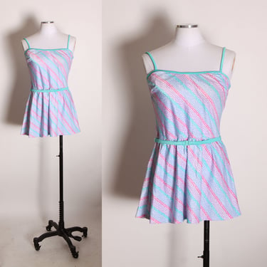 1970s-1980s Pink, Purple and Blue Pastel Zig Zag Wiggly One Piece Swimsuit by E. Stewart 