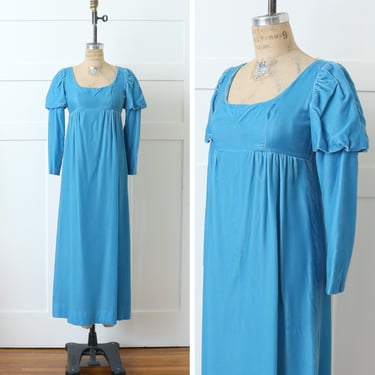 vintage 1970s turquoise blue velvet dress • full length empire waist puff sleeve dress 