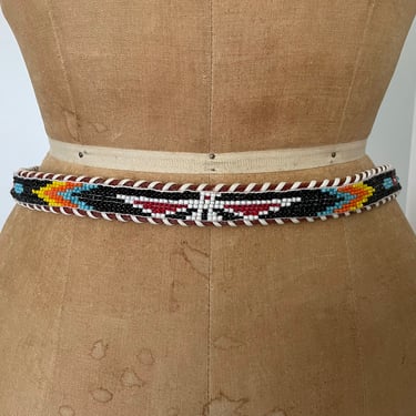 Vintage 1960’s ‘70s handmade beaded belt, handcrafted vintage belt, colorful seed beads, thunderbird, arrows, ladies M 