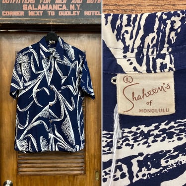 Vintage 1950’s Size L “Shaheen’s” Rare Sugar Cane Cotton Tiki Hawaiian Shirt, Signed Named Selvedge, 50’s Vintage Clothing 