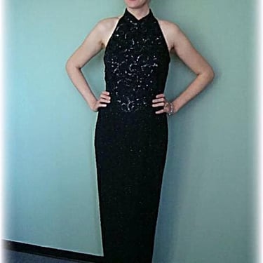 Retro Vintage Black beaded halter dress 