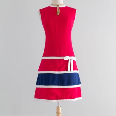 Fabulous 1960's Bob Bugnand Fuschia & Navy Color Blocked Shift Dress / M