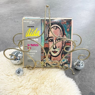 Vintage Magazine Rack Retro 1960s Mid Century Modern + Hollywood Regency + Gold Metal + Ornate + Vinyl or Record Storage + MCM + Home Decor 