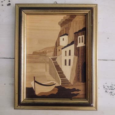 Vintage Framed Wood Inlay Art Italian Seaside Scene 