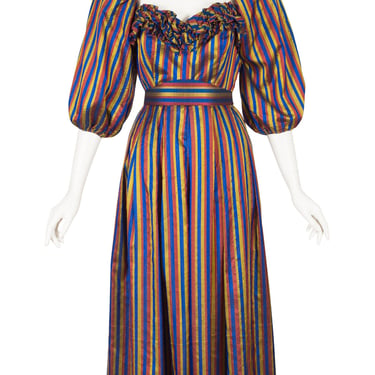 Boutique Cassas 1980s Vintage Striped Raw Silk Puff Sleeve Gown 