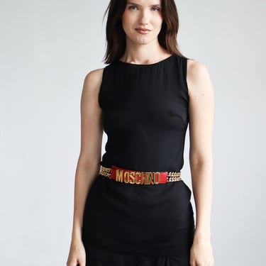 Vintage MOSCHINO Couture Leather + Double Chain Strap Letter Belt in Red and Gold Y2K Chain Link Adjustable 