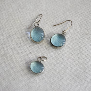 1990s Blue Glass Pebble Earrings and Pendant 