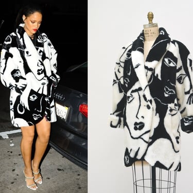 Vintage Faux Fur Jacket Coat Vintage Donny Brook Black White Fur Rihanna Art Deco Picasso Faces Coat Small Medium Large Donnybrook Face Coat 
