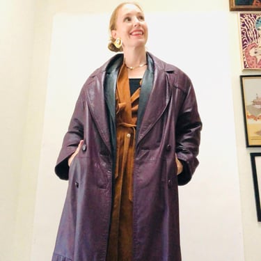 80s 90s Gorgeous Vintage Purple Leather Jacket Trench Coat Long Purple Leather Jacket Medium // Vintage Plum Leather Trench Coat Jacket 