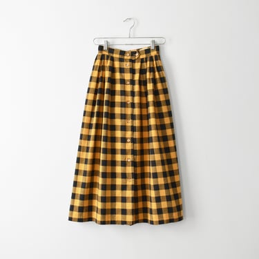 vintage plaid midi skirt, mustard check print button front skirt, xs 