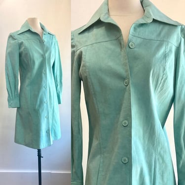 Vintage Dress Coat / TURQUOISE ULTRASUEDE Shirtdress / Pockets + Button Cuff / Minimalist 