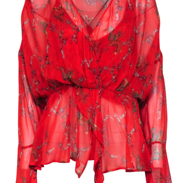 IRO - Red Floral Print Semi-Sheer Bell Sleeve Top Sz 4