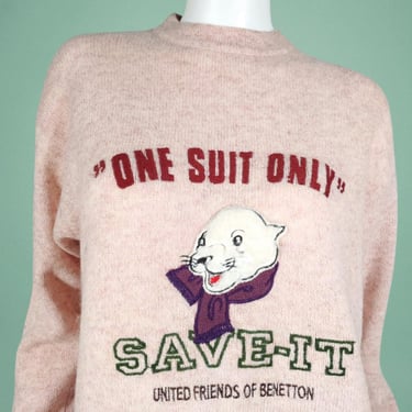 1990s Benetton sweater vintage Shetland wool GREENPEACE comeback era long sleeve pullover heathered pink/beige pastel furry bear embroidery. 