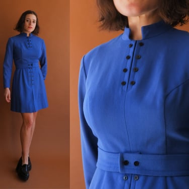 Vintage 70s Blue Lanz Long Sleeve Mini Dress with Belt/ Size Small 26 
