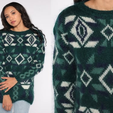 Geometric Mohair Sweater 80s Green Aztec Sweater Fuzzy Acrylic Blend Sweater Knit Southwestern Pullover Sweater 1980s Vintage Large L 