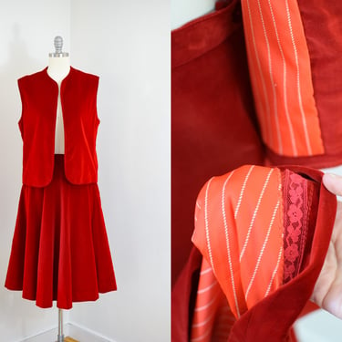 1970s Red Velveteen Skirt + Vest Set | S | 70s Red Velvet Dress Set | Midi Skirt 