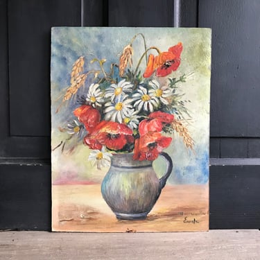 French Oil Painting, Floral Vase, Red Poppies, Daisies, Still Life, Signed Mademoiselle Eude, Unframed, Oil on Board 