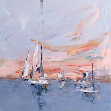 Sailboats in Harbor Landscape - Impressionistic OIL Painting on Board - 9x12 - Light Bright Colors - Oil Paintings - Pastel Blue Pink Tones 