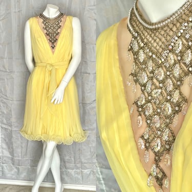 Sunny Yellow Vintage Cocktail Dress, Beaded Sheer Illusion, Flirty, Tiny Pleats Ruffled Chiffon, 25 in. Waist 