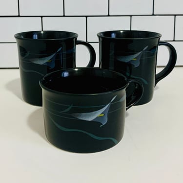 Set of Three Mismatched Mikasa Mugs, Mikasa Galleria Opus Black Mugs, Vintage Coffee Cups, Retro Mugs, 1980s 