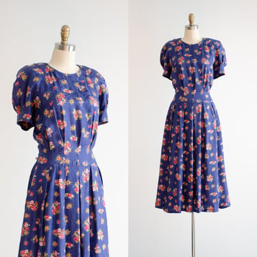 blue silk dress 80s vintage floral jacquard puff sleeve midi dress 