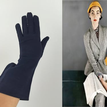 He Wasn't Listed! - Vintage 1950s Mr John Classic Navy Blue Nylon Gauntlet Gloves - 7 1/2 