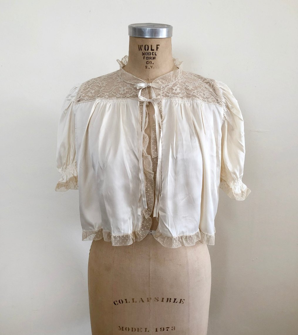 Cream Satin Lace-Trimmed Bed Jacket - 1940s | Logan's Clothing ...