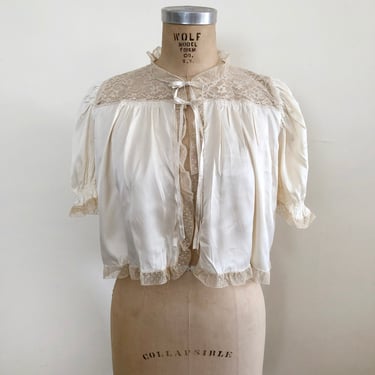Cream Satin Lace-Trimmed Bed Jacket - 1940s 