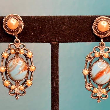 Vintage Screw Back Earrings Glass Turquoise Stone With Gold Flecks AS IS 