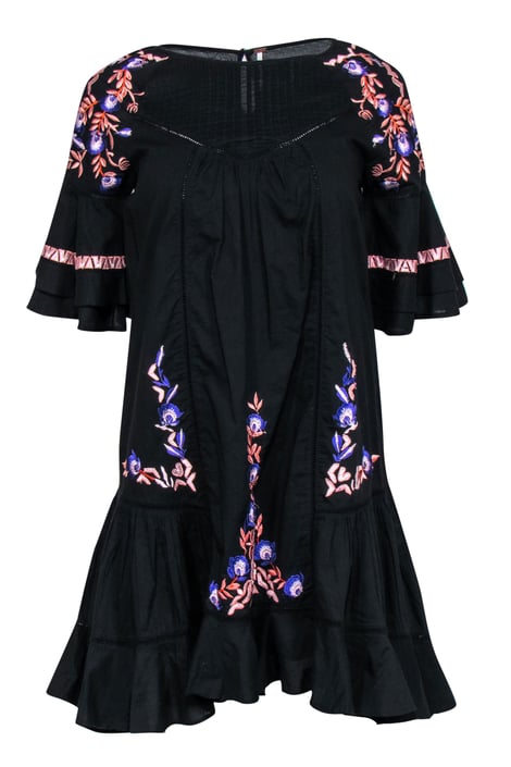 Free People Black Floral Embroidered Bell Sleeve Shift Dress Current Boutique DMV Bethesda Clarendon DC Old Town