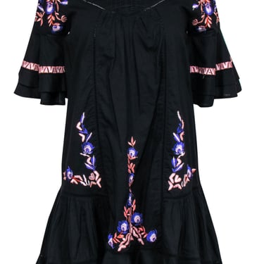 Free People - Black Floral Embroidered Bell Sleeve Shift Dress w/ Eyelet Trim Sz XS