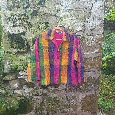 Vintage 1990's Multicolor Patchwork Fringe Button Front Jacket Coat / Large 