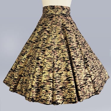 1950s Circle Skirt / 1950s Gold Screen Printed Skirt/ 12 Gore Skirt / High Waisted Skirt / Size Medium 