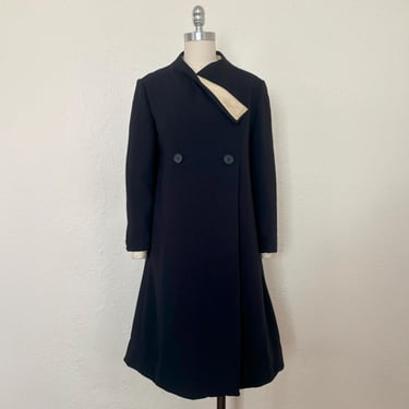 RARE 1960s Early Geoffrey Beene Navy Wool Coat Dress, Small to Medium | 60s Vintage Blue Wool & Cream Silk Satin Mod Dress (S, M, 38-36-44) 