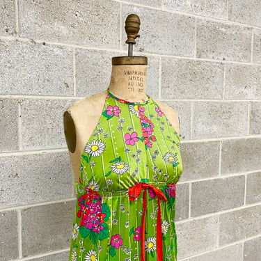 Vintage Halter Dress Retro 1970s Marilyn + California Created + Size Medium + Maxi Dress + Green + Daisies + Floral Print + Slip Dress 