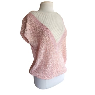 Vintage 80s Pink Knit Top White Angora Short Sleeves Signatures 