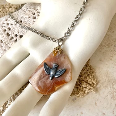 Peace Dove Necklace, Natural Stone, Agate, Abstract, Vintage 