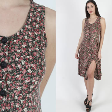Vintage 90s Calico Floral Dress, Grunge Festival Convertible Duster, 1990s All Over Flower Print Draped Mini Midi 