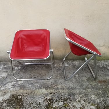 Plona Folding Lounge Chair in Red Leather by Giancarlo Piretti for Castelli  | Italian Space Age | 1970s | Set of 2 