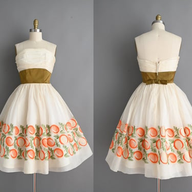 Vintage 1950s Dress | Saks Fifth Ave Strapless Sweeping Full Skirt Cocktail Party Prom Dress | Small Medium 