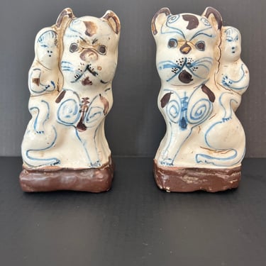 Pair of Antique Chinese Cizhou-type Glazed Figural Cat Censers - Ming / Qing Dynasty Incense Stick Holders 