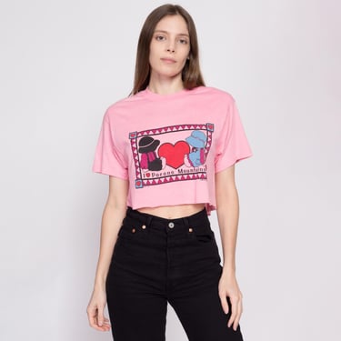 Large 80s "I Heart Pocono Mountains" Crop Top Tee | Vintage Cute Pink Tourist Souvenir T Shirt 